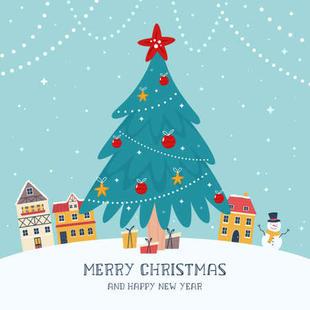 Colorful illustration of a Christmas tree, winter town and holiday presents.のイラスト素材