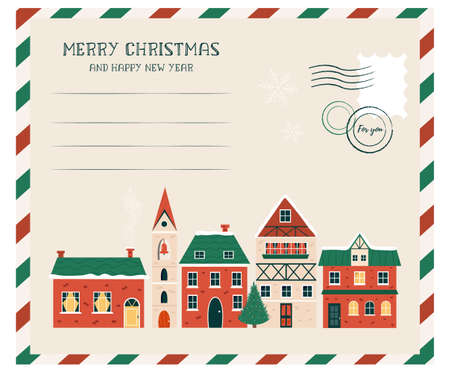 Christmas card with cute buildings and holiday tree. Vector illustration in a modern flat styleのイラスト素材