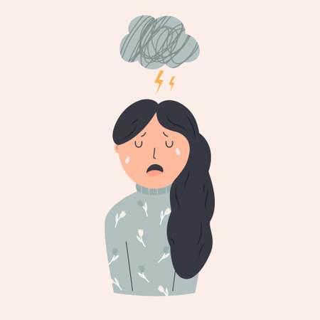 Illustration of a depressed crying girl and cloud of rain above herのイラスト素材