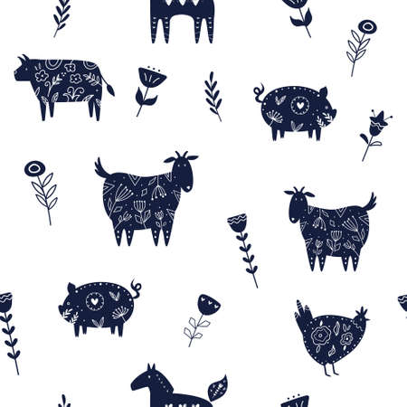 Vector seamless pattern with farm animals in Scandinavian styleのイラスト素材