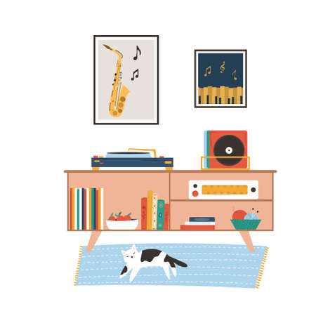 Hand drawn room in a modern flat style - small cabinet, posters, vinyl player, carpet and cat on it. Cozy interior cartoon designのイラスト素材