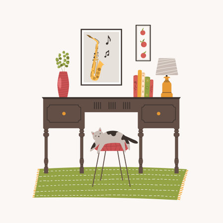 Modern room with table, chair and cat. Vector hand drawn illustration. Home interior design with books, lamp, posters and houseplant.のイラスト素材