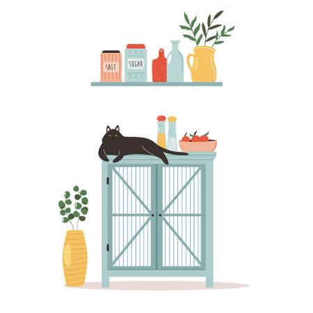 Neat kitchen with wooden cupboard, cat on it and well organized utensils. Vector illustration in a modern flat style.のイラスト素材