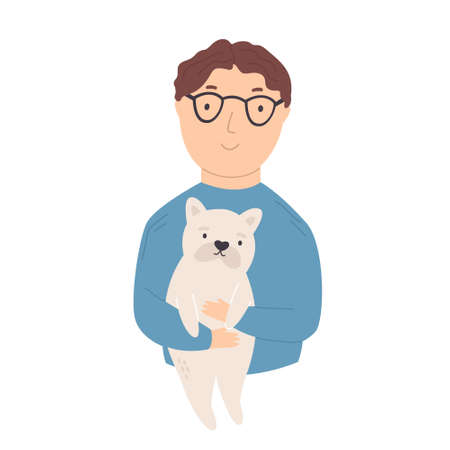 Young boy holding his dog friend. Best friends concept.のイラスト素材