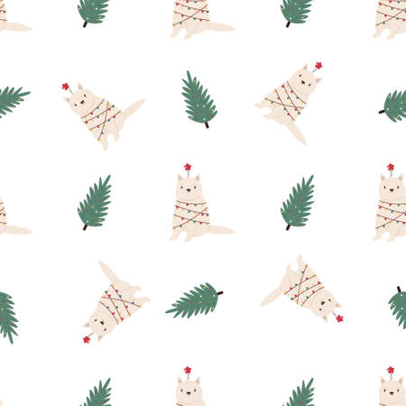 Seamless holiday pattern with cat in light decorations and Christmas treeのイラスト素材