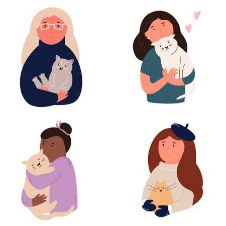 Vector illustrations of happy women hugging cats. Set of women portraits with animals.のイラスト素材