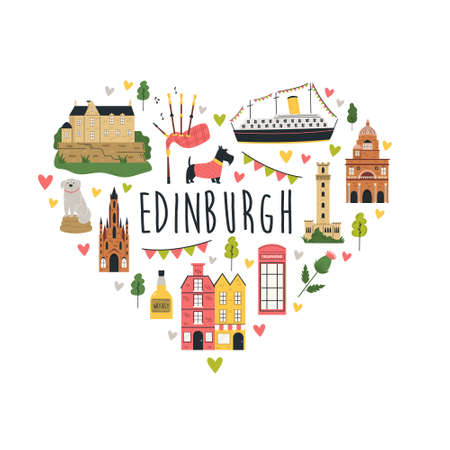 Tourist abstract design with famous destinations and landmarks of Edinburgh.のイラスト素材