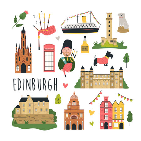 Tourist abstract design with famous destinations and landmarks of Edinburgh.のイラスト素材