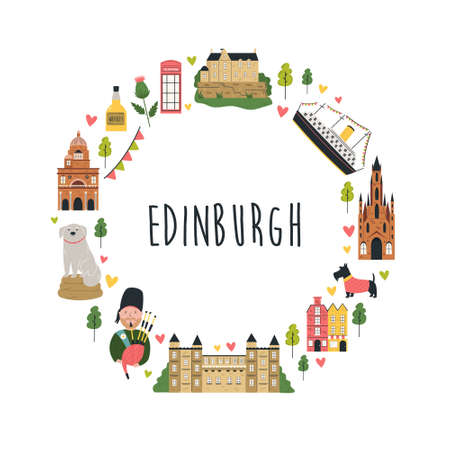 Tourist abstract design with famous destinations and landmarks of Edinburgh.のイラスト素材