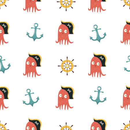 Vector seamless pattern with a funny pirate octopuses, anchors and ship rudderのイラスト素材
