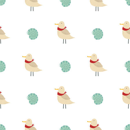 Vector seamless pattern with seagulls in neck handkerchiefs and shellsのイラスト素材