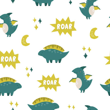 Vector seamless pattern with cute dinosaurs and hand drawn moon, stars, text.のイラスト素材