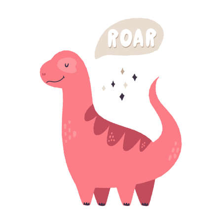 Colorful illustration of a funny dino saying hello. Cute image with hand drawn effect in a flat styleのイラスト素材