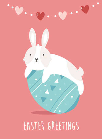 Easter card with cute rabbit on egg. Vector illustration with holiday greetings.のイラスト素材