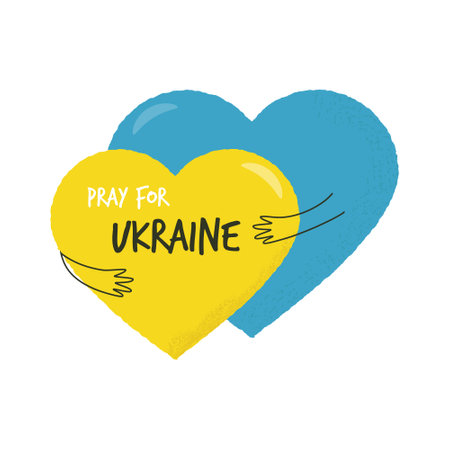 Vector illustration Pray for Ukraine with hands hugging hearts with colors of Ukrainian flag.のイラスト素材