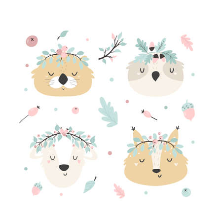 Cute design with adorable animal faces in pastel colorsのイラスト素材