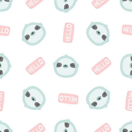 Seamless pattern with funny sloth and lettering text Helloのイラスト素材