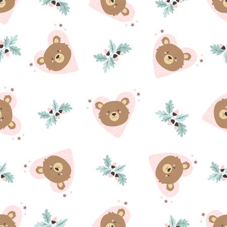 Seamless pattern with funny teddy bears and forest twigsのイラスト素材