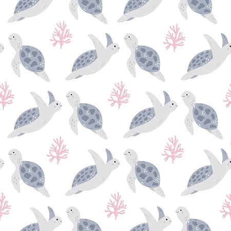 Seamless childish pattern with cute turtles for nursery, baby shower, textileのイラスト素材