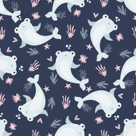 Seamless childish pattern with cute hammerhead sharks for nursery, baby shower, textileのイラスト素材