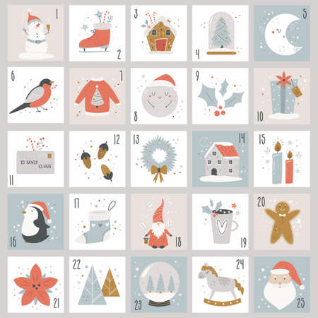 December Advent Calendar. Christmas holiday poster with countdown and cute characters, symbols.のイラスト素材
