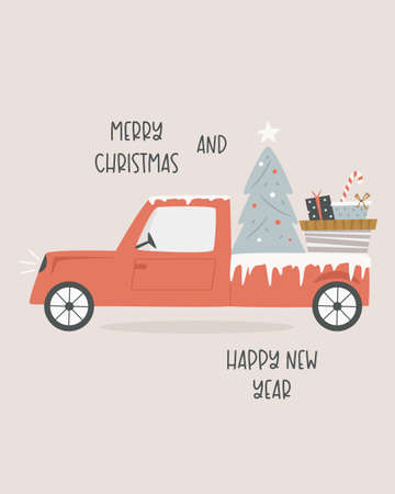 Christmas holiday card with vintage pick up truck, tree and gifts. Xmas greeting cardのイラスト素材