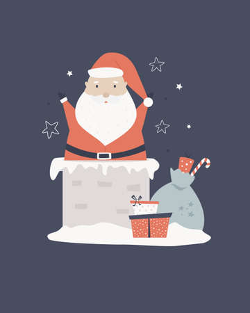 Christmas holiday card with funny Santa Claus in chimney and with sack full of gifts. Xmas greeting card.のイラスト素材