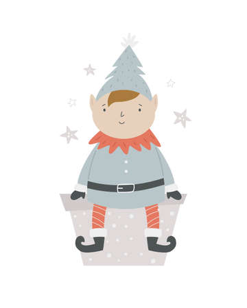 Christmas holiday card with funny elf boy in a winter hat. Xmas greeting card.のイラスト素材