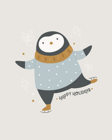 Christmas holiday card with funny penguin wrapped in a scarf and sweater. Xmas greeting card.のイラスト素材