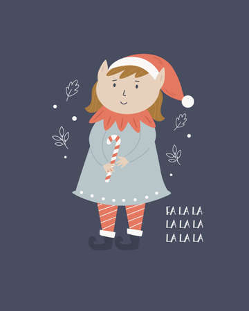 Christmas holiday card with funny elf girl in a winter hat. Xmas greeting card.のイラスト素材