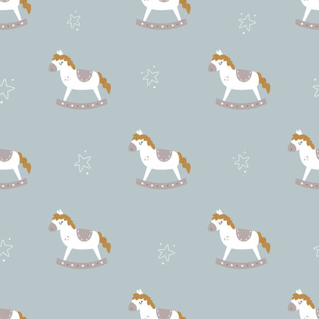 Christmas seamless pattern with childish rocking horses. Holiday design for fabrics, gift boxes, wrapping paper.のイラスト素材