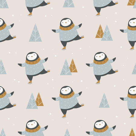 Christmas seamless pattern with fir trees and adorable penguins in sweaters. Holiday design for fabrics, gift boxes, wrapping paper.のイラスト素材