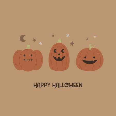 Halloween illustration with three funny, cheerful pumkinsのイラスト素材
