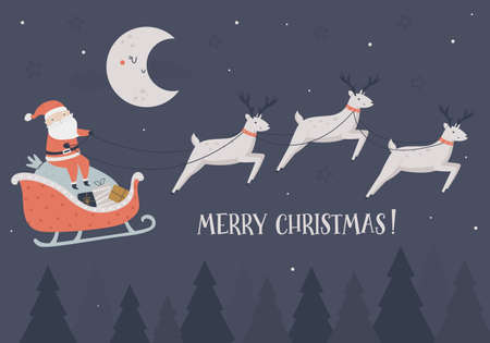 Christmas holiday card with funny Santa Claus in a sleigh with deerのイラスト素材