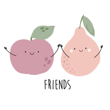 Vector illustration with funny characters apple and pear. Fruit poster designのイラスト素材