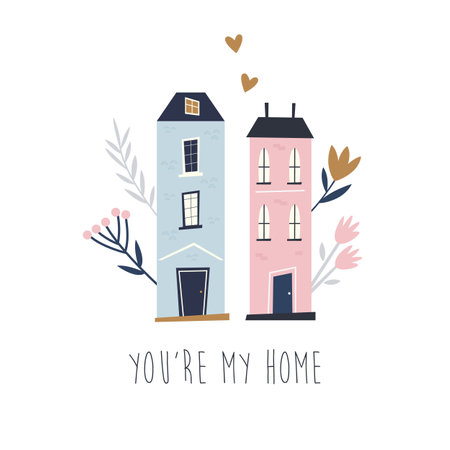 Cute composition with colorful houses, floral elements and text You're my home.のイラスト素材