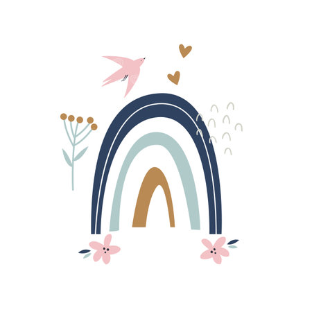 Cute composition with hand drawn rainbow, bird and textured elements.のイラスト素材