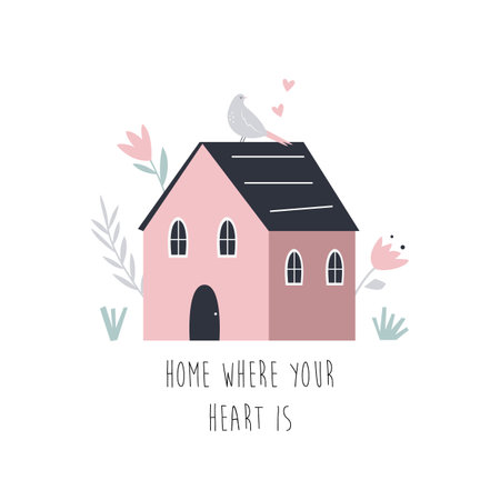 Cute composition with pink hand drawn house and floral elements.のイラスト素材