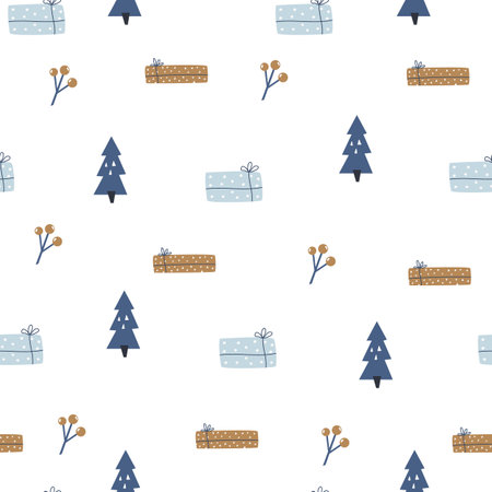 Holiday seamless pattern with Christmas trees, gift boxes and twigsのイラスト素材