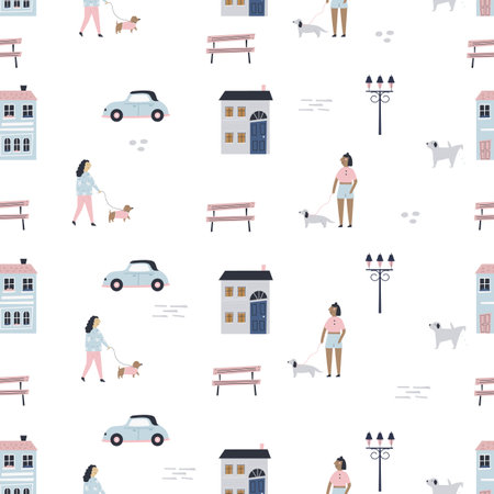 Seamless pattern with cute and colorful buildings, houses, people and carsのイラスト素材
