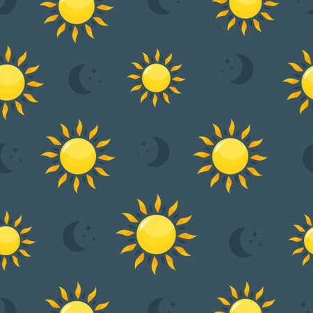Seamless pattern with suns and moons on dark blue background.のイラスト素材