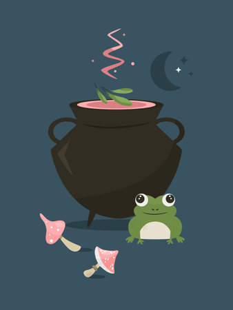 Vector illustration with a witch cauldron and potion, mushrooms and toad.のイラスト素材