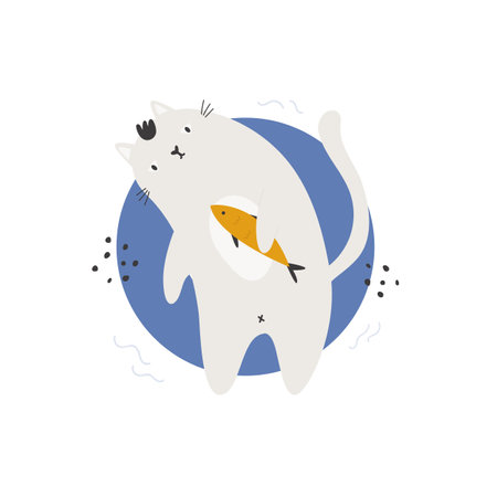 Vector illustration of a funny cat with fish lying on a floating ring. Perfect for holiday prints, greeting cards, frame artのイラスト素材