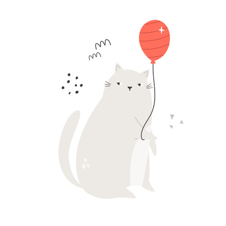 Flat vector illustration of a funny cat sitting with red balloon. Perfect for prints, greeting cards, frame artのイラスト素材