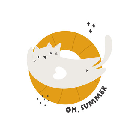 Flat vector illustration with a funny cat lying on floating ring. Perfect for prints, greeting cards, frame artのイラスト素材