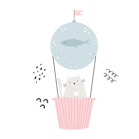 Flat vector illustration of a funny cat flying in a hot air balloon. Perfect for holiday prints, greeting cards, frame artのイラスト素材