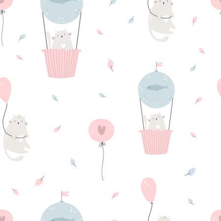 Seamless pattern with funny cats in hot air balloons. Cute design for fabric prints, wrapping paper, clothingのイラスト素材