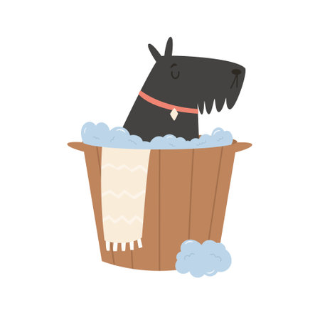 Cute terrier dog having a bath with a foam and bubbles. Vector illustration of a funny washing pet.のイラスト素材