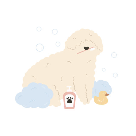 Cute fluffy dog taking washing procedures with a foam and bubbles. Vector illustration of a funny washing pet.のイラスト素材