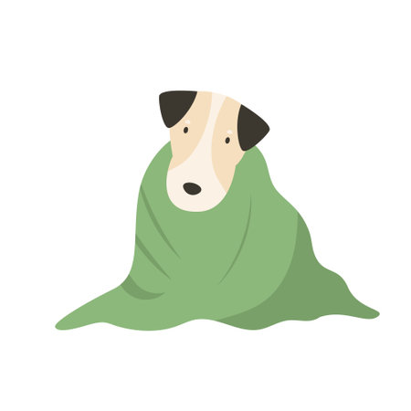 Cute terrier dog wrapped in a towel. Vector illustration of a domestic pet isolated on white background.のイラスト素材